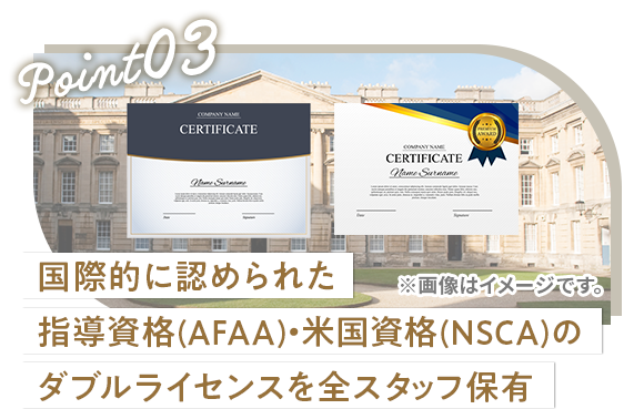 国際的に認められた 指導資格(AFAA)・ 米国資格(NSCA)の ダブルライセンスを全スタッフ保有 